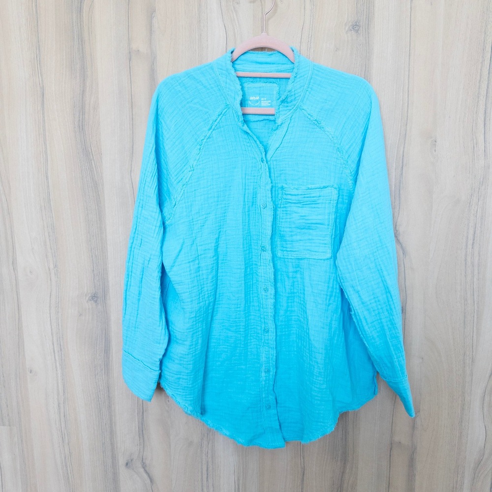 Aerie Womens‎ Gauze Button Down Shirt XS Oversized Blue Cotton Raw Edge Summer